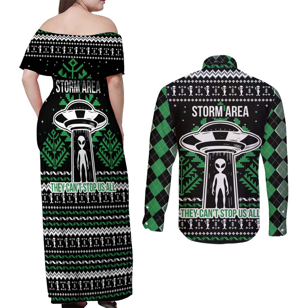 Alien Christmas Couples Matching Off Shoulder Maxi Dress and Long Sleeve Button Shirt Xmas Holiday Patterns - Wonder Print Shop