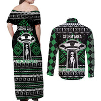 Alien Christmas Couples Matching Off Shoulder Maxi Dress and Long Sleeve Button Shirt Xmas Holiday Patterns - Wonder Print Shop