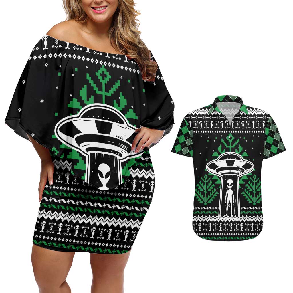 Alien Christmas Couples Matching Off Shoulder Short Dress and Hawaiian Shirt Xmas Holiday Patterns - Wonder Print Shop