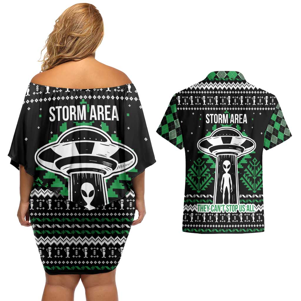 Alien Christmas Couples Matching Off Shoulder Short Dress and Hawaiian Shirt Xmas Holiday Patterns - Wonder Print Shop