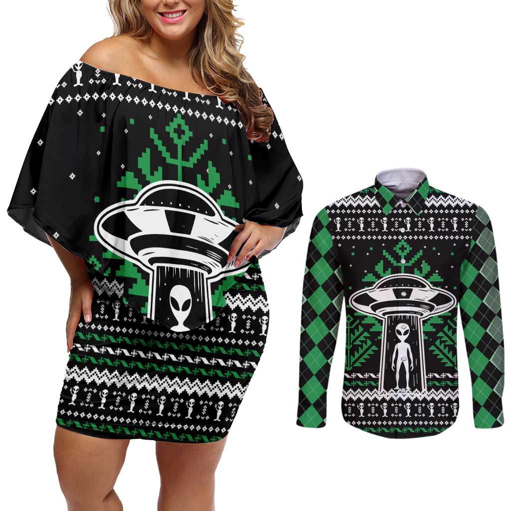 Alien Christmas Couples Matching Off Shoulder Short Dress and Long Sleeve Button Shirt Xmas Holiday Patterns - Wonder Print Shop