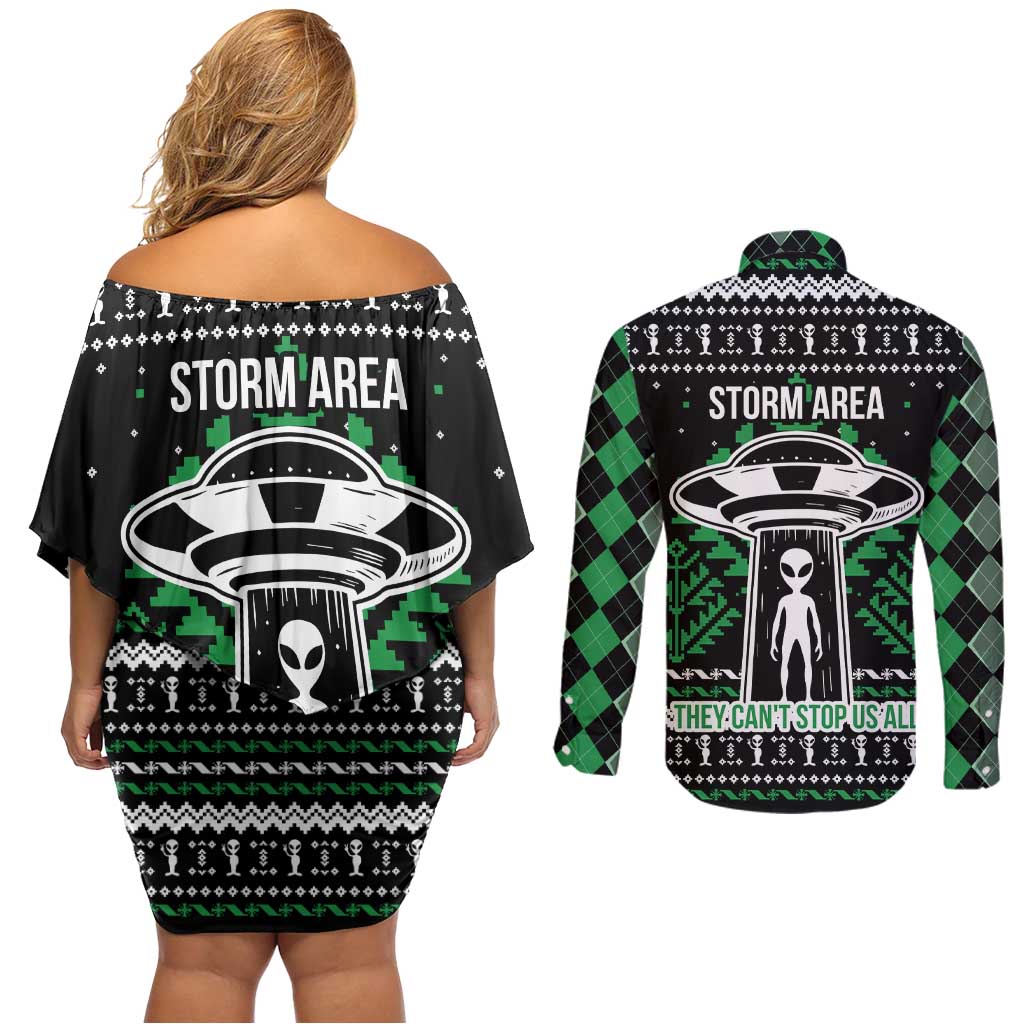 Alien Christmas Couples Matching Off Shoulder Short Dress and Long Sleeve Button Shirt Xmas Holiday Patterns - Wonder Print Shop