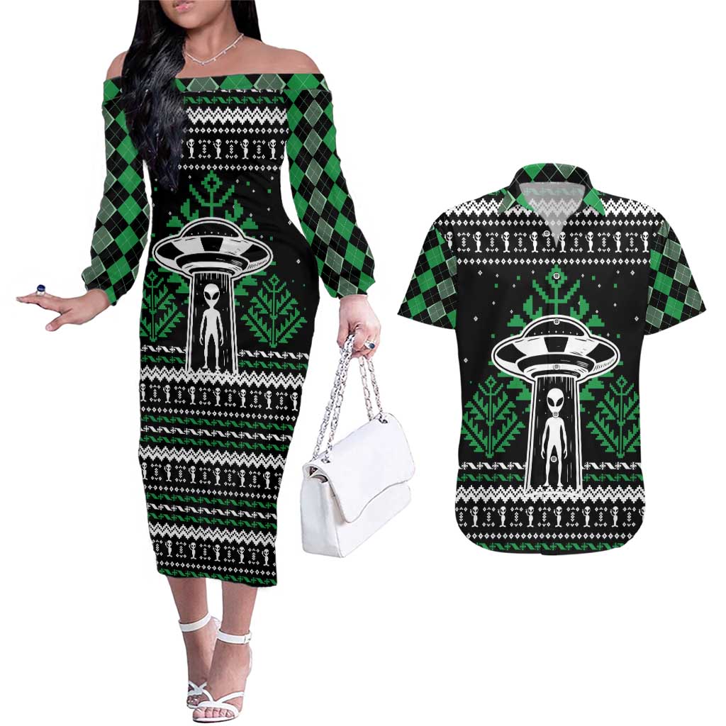Alien Christmas Couples Matching Off The Shoulder Long Sleeve Dress and Hawaiian Shirt Xmas Holiday Patterns - Wonder Print Shop