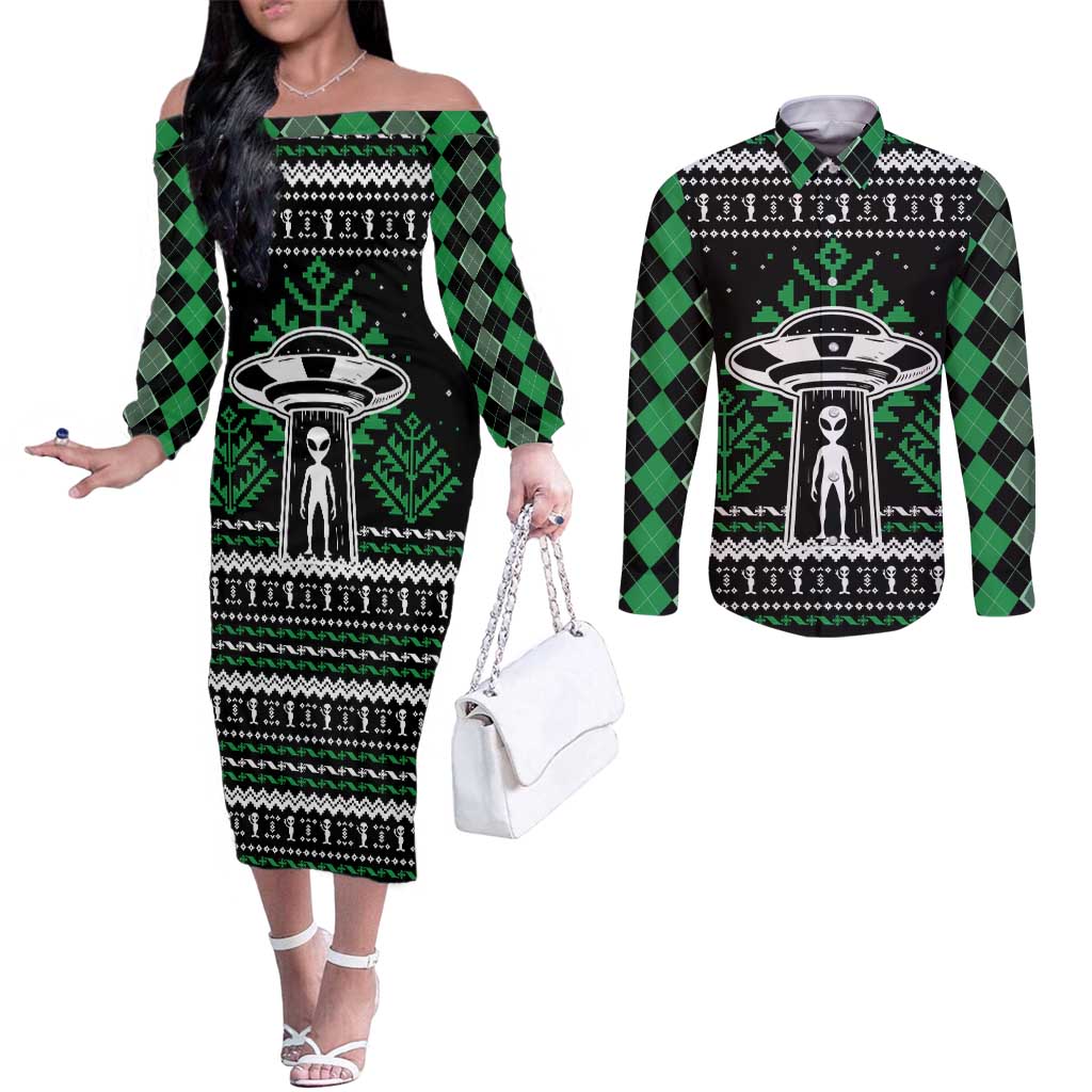 Alien Christmas Couples Matching Off The Shoulder Long Sleeve Dress and Long Sleeve Button Shirt Xmas Holiday Patterns - Wonder Print Shop