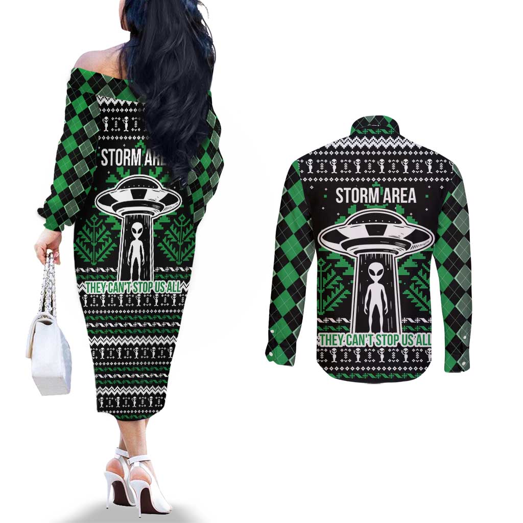 Alien Christmas Couples Matching Off The Shoulder Long Sleeve Dress and Long Sleeve Button Shirt Xmas Holiday Patterns - Wonder Print Shop