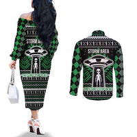 Alien Christmas Couples Matching Off The Shoulder Long Sleeve Dress and Long Sleeve Button Shirt Xmas Holiday Patterns - Wonder Print Shop