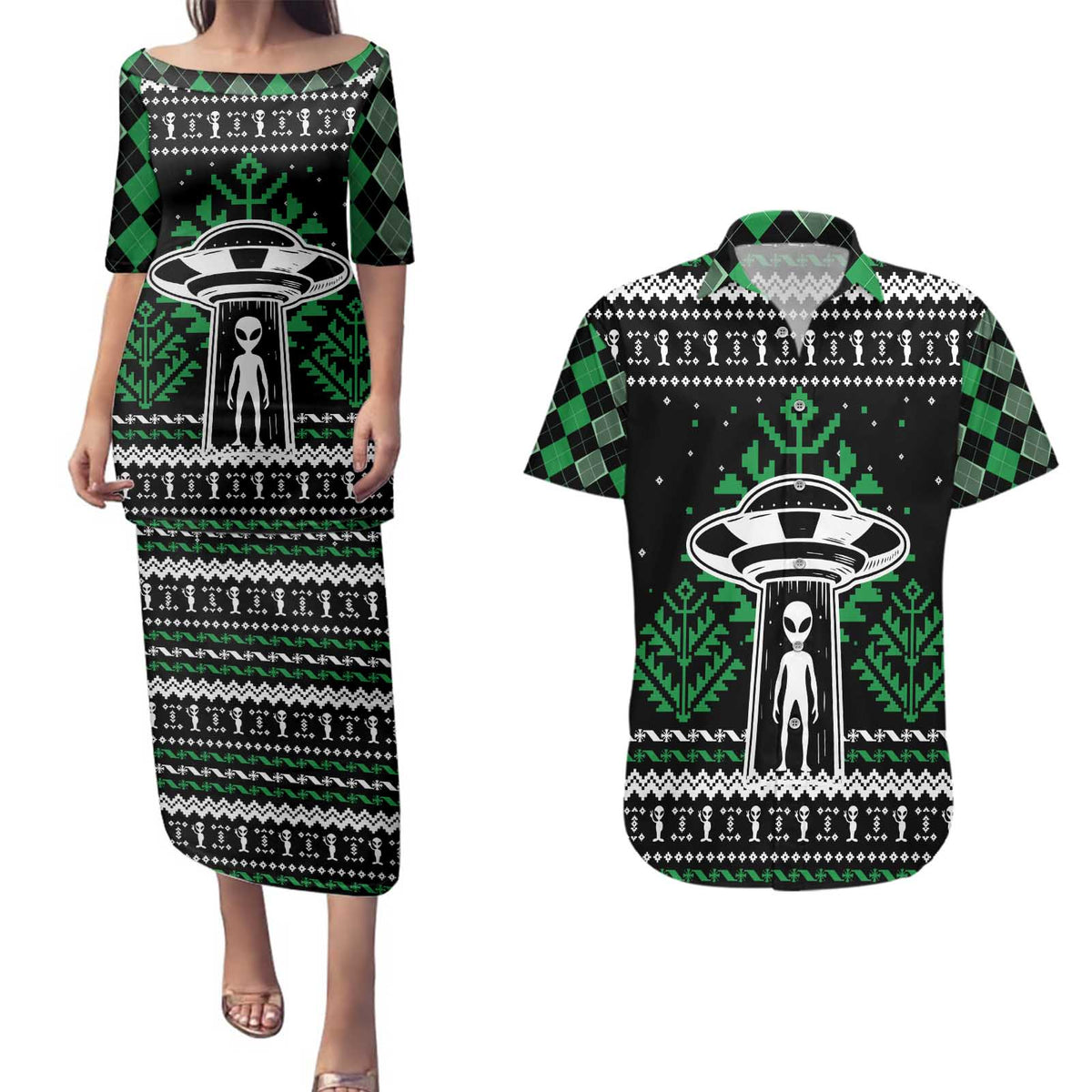 Alien Christmas Couples Matching Puletasi and Hawaiian Shirt Xmas Holiday Patterns - Wonder Print Shop