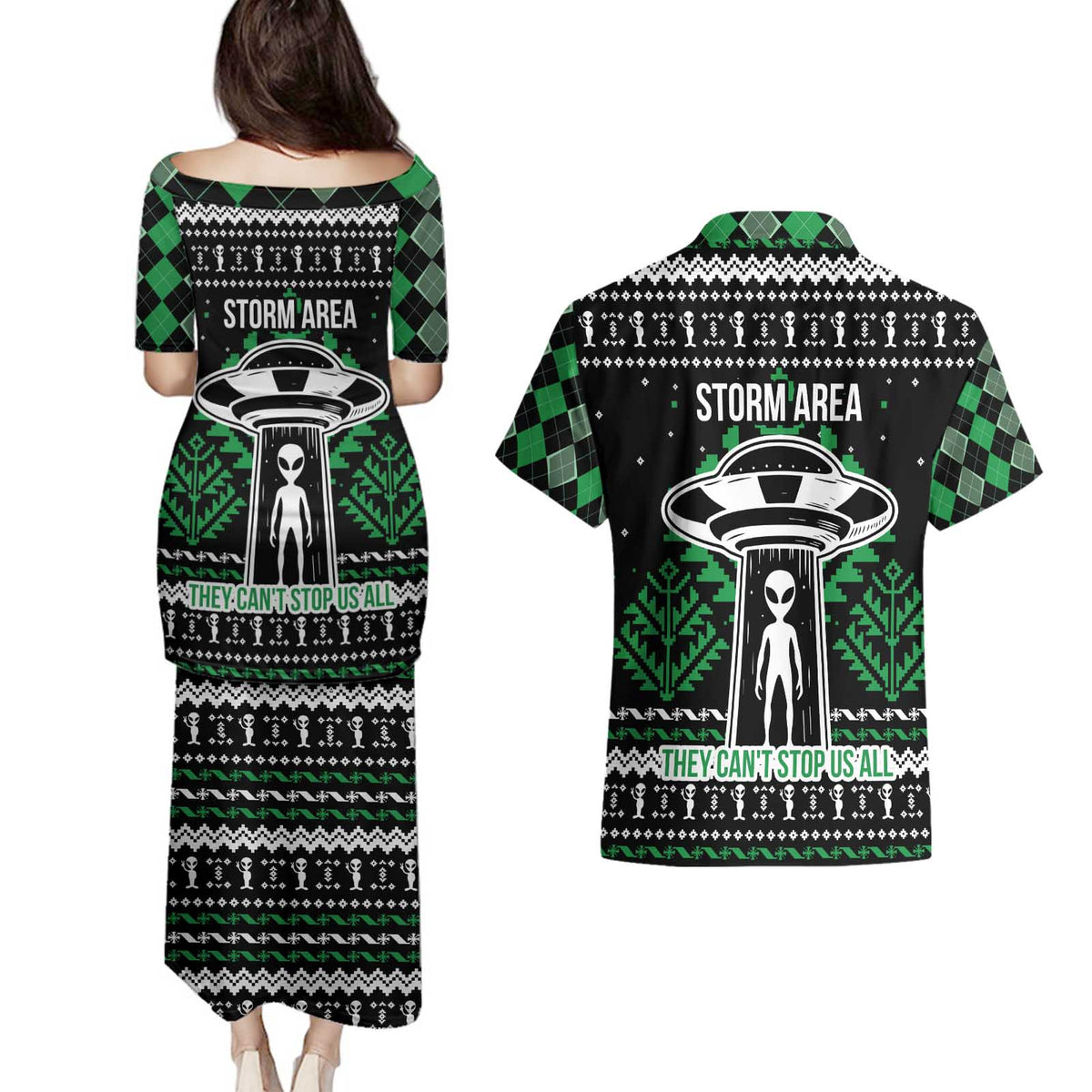Alien Christmas Couples Matching Puletasi and Hawaiian Shirt Xmas Holiday Patterns - Wonder Print Shop
