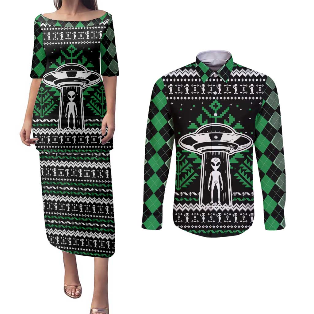 Alien Christmas Couples Matching Puletasi and Long Sleeve Button Shirt Xmas Holiday Patterns - Wonder Print Shop