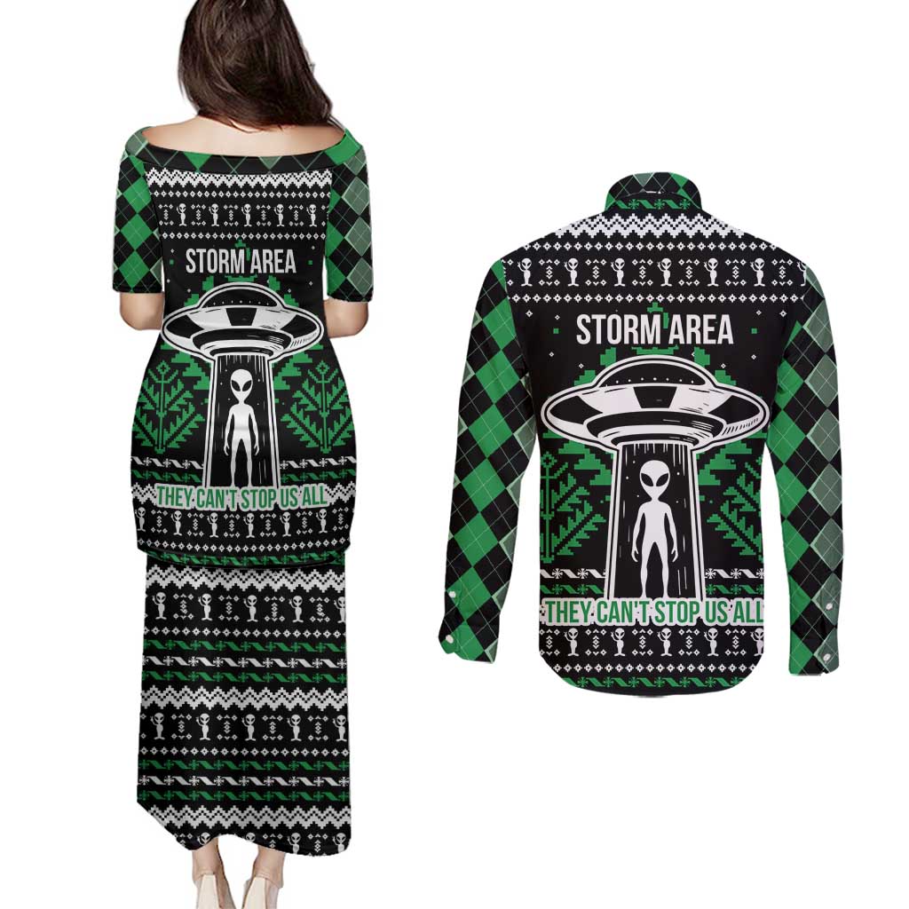 Alien Christmas Couples Matching Puletasi and Long Sleeve Button Shirt Xmas Holiday Patterns - Wonder Print Shop