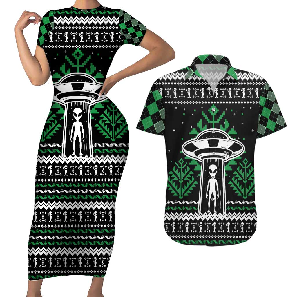 Alien Christmas Couples Matching Short Sleeve Bodycon Dress and Hawaiian Shirt Xmas Holiday Patterns - Wonder Print Shop
