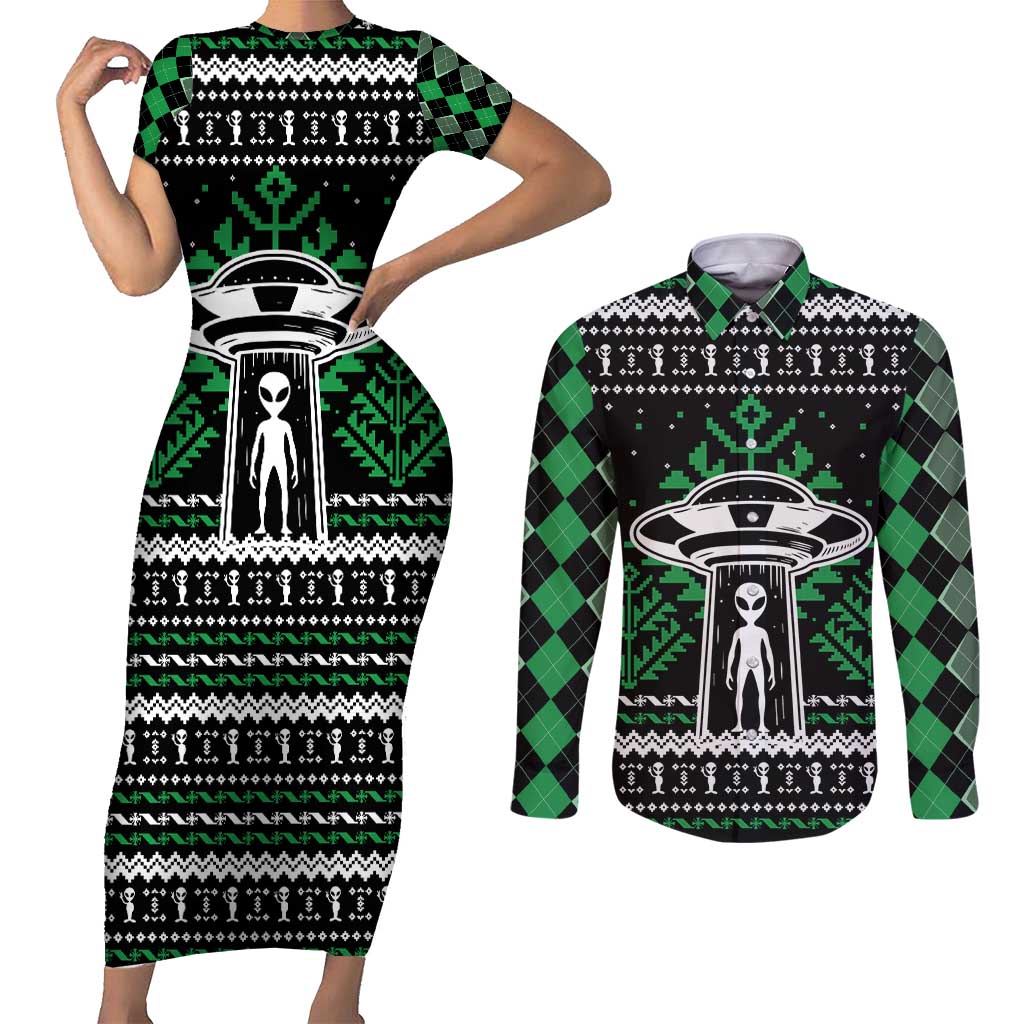Alien Christmas Couples Matching Short Sleeve Bodycon Dress and Long Sleeve Button Shirt Xmas Holiday Patterns - Wonder Print Shop