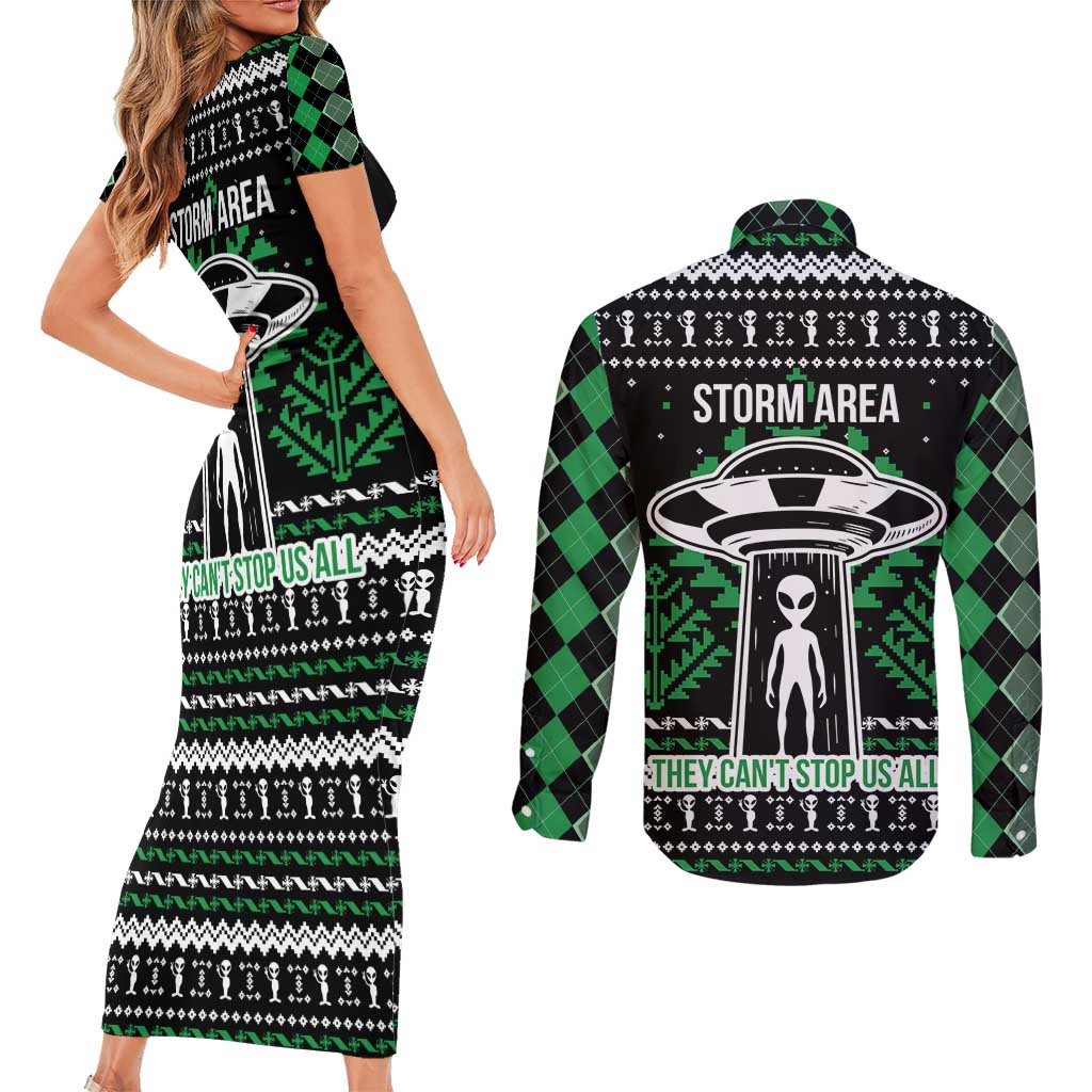 Alien Christmas Couples Matching Short Sleeve Bodycon Dress and Long Sleeve Button Shirt Xmas Holiday Patterns - Wonder Print Shop