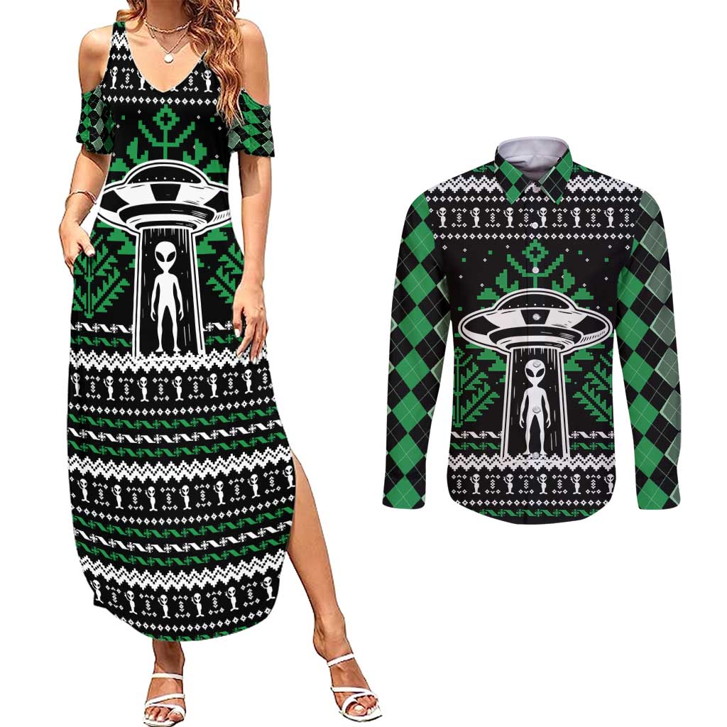 Alien Christmas Couples Matching Summer Maxi Dress and Long Sleeve Button Shirt Xmas Holiday Patterns - Wonder Print Shop