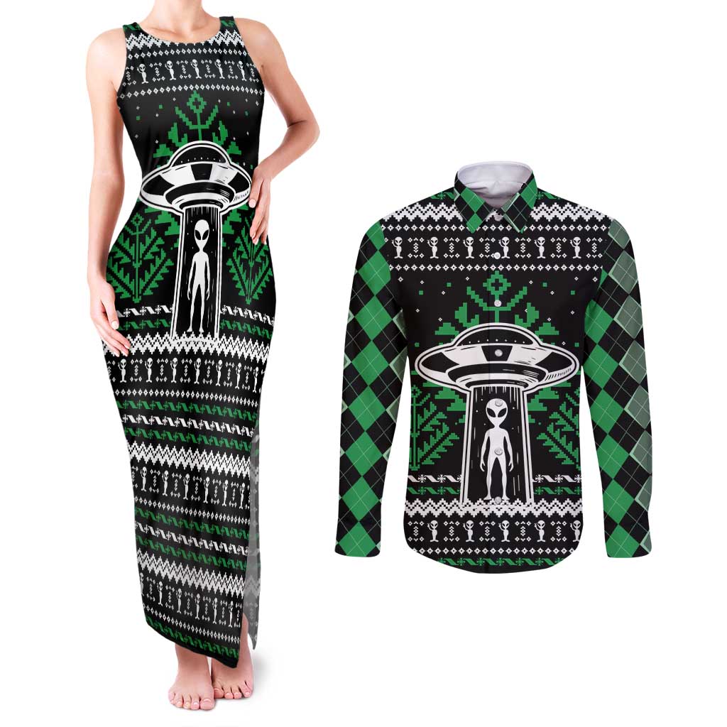 Alien Christmas Couples Matching Tank Maxi Dress and Long Sleeve Button Shirt Xmas Holiday Patterns - Wonder Print Shop