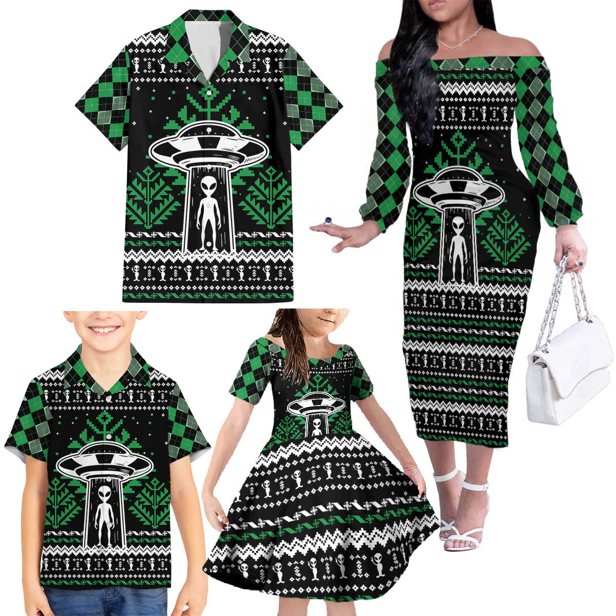 Alien Christmas Family Matching Off The Shoulder Long Sleeve Dress and Hawaiian Shirt Xmas Holiday Patterns - Wonder Print Shop