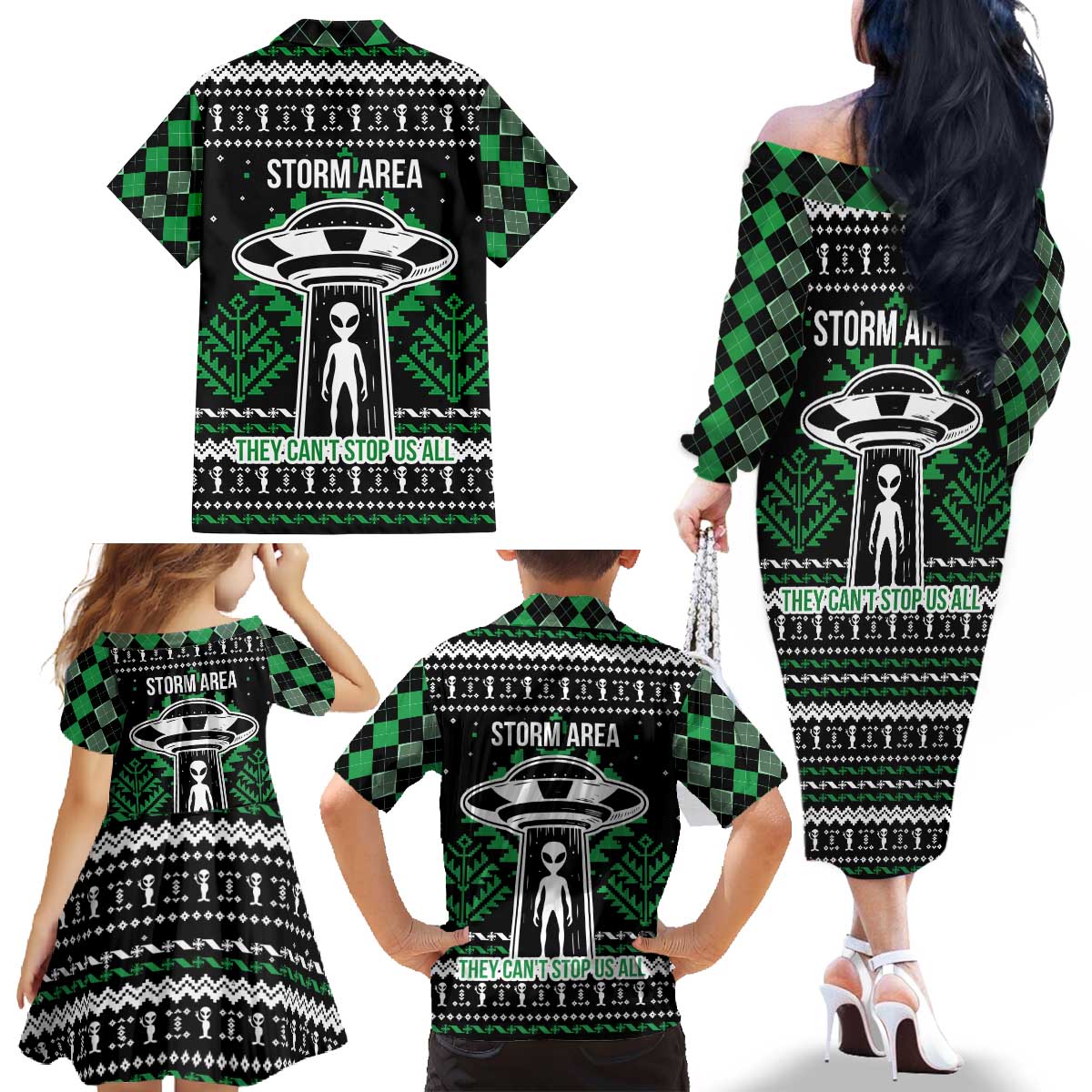 Alien Christmas Family Matching Off The Shoulder Long Sleeve Dress and Hawaiian Shirt Xmas Holiday Patterns - Wonder Print Shop