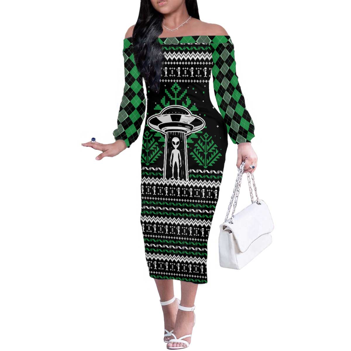 Alien Christmas Family Matching Off The Shoulder Long Sleeve Dress and Hawaiian Shirt Xmas Holiday Patterns - Wonder Print Shop