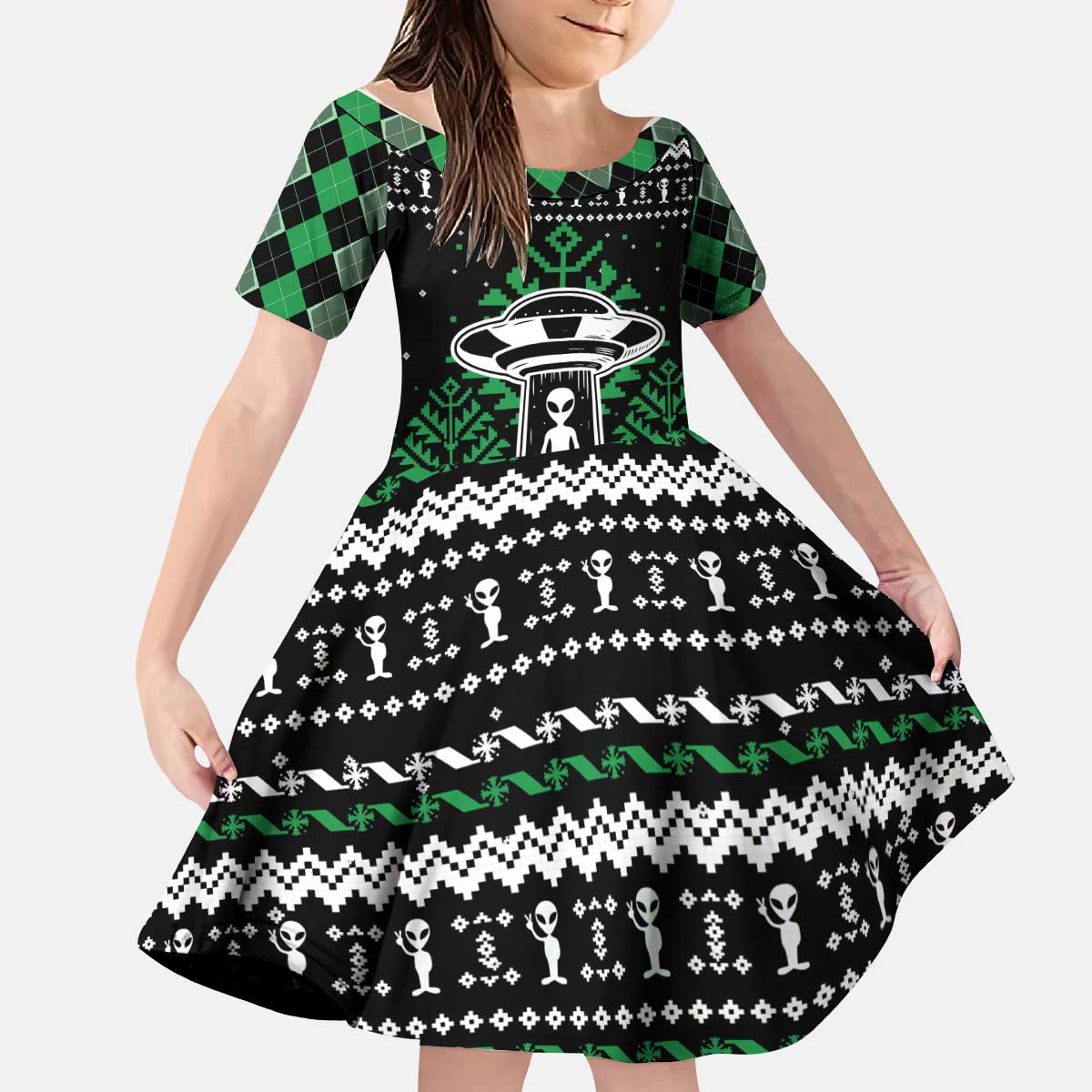 Alien Christmas Kid Short Sleeve Dress Xmas Holiday Patterns - Wonder Print Shop