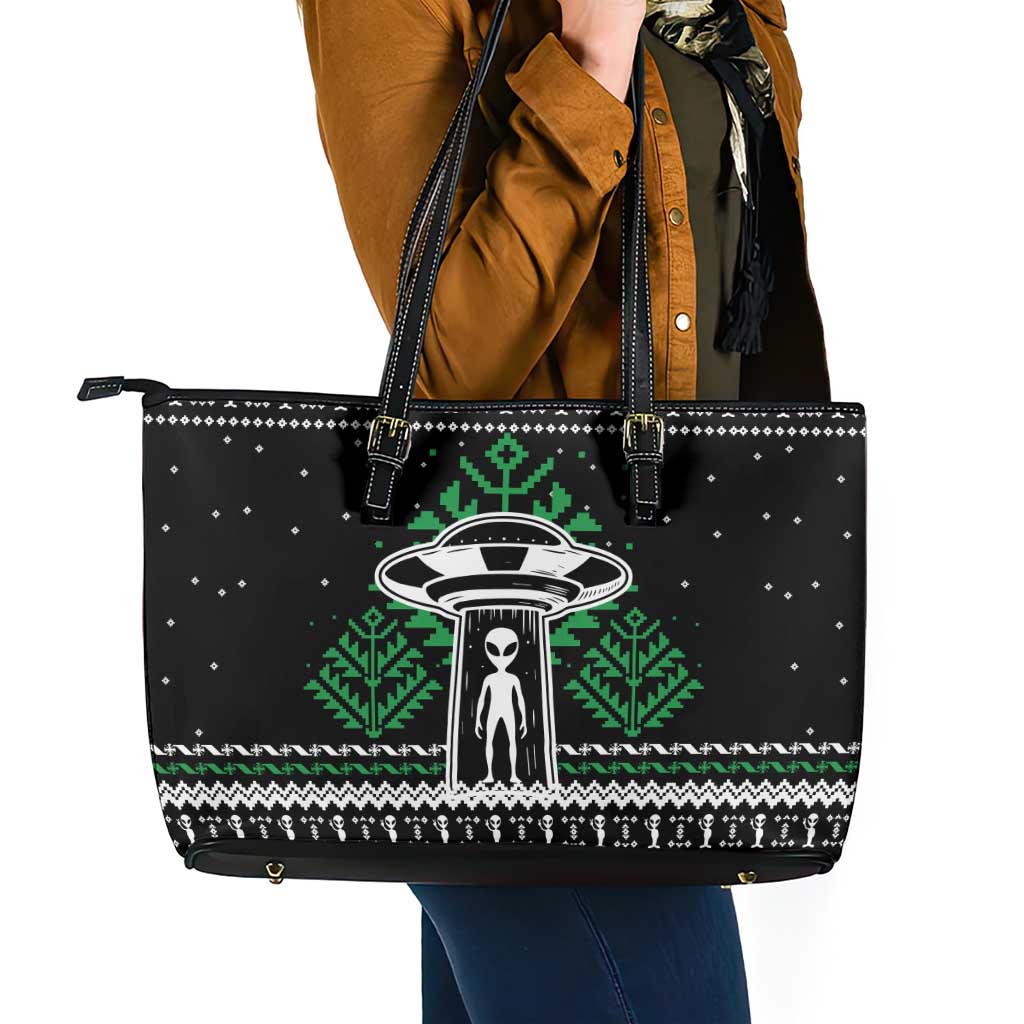 Alien Christmas Leather Tote Bag Xmas Holiday Patterns - Wonder Print Shop