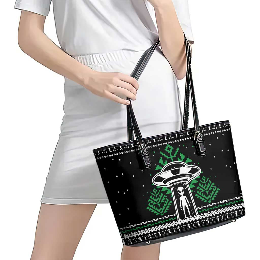 Alien Christmas Leather Tote Bag Xmas Holiday Patterns - Wonder Print Shop