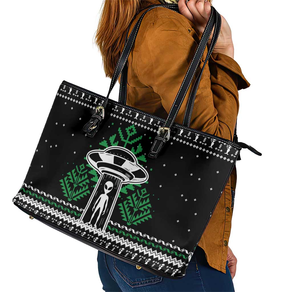 Alien Christmas Leather Tote Bag Xmas Holiday Patterns - Wonder Print Shop