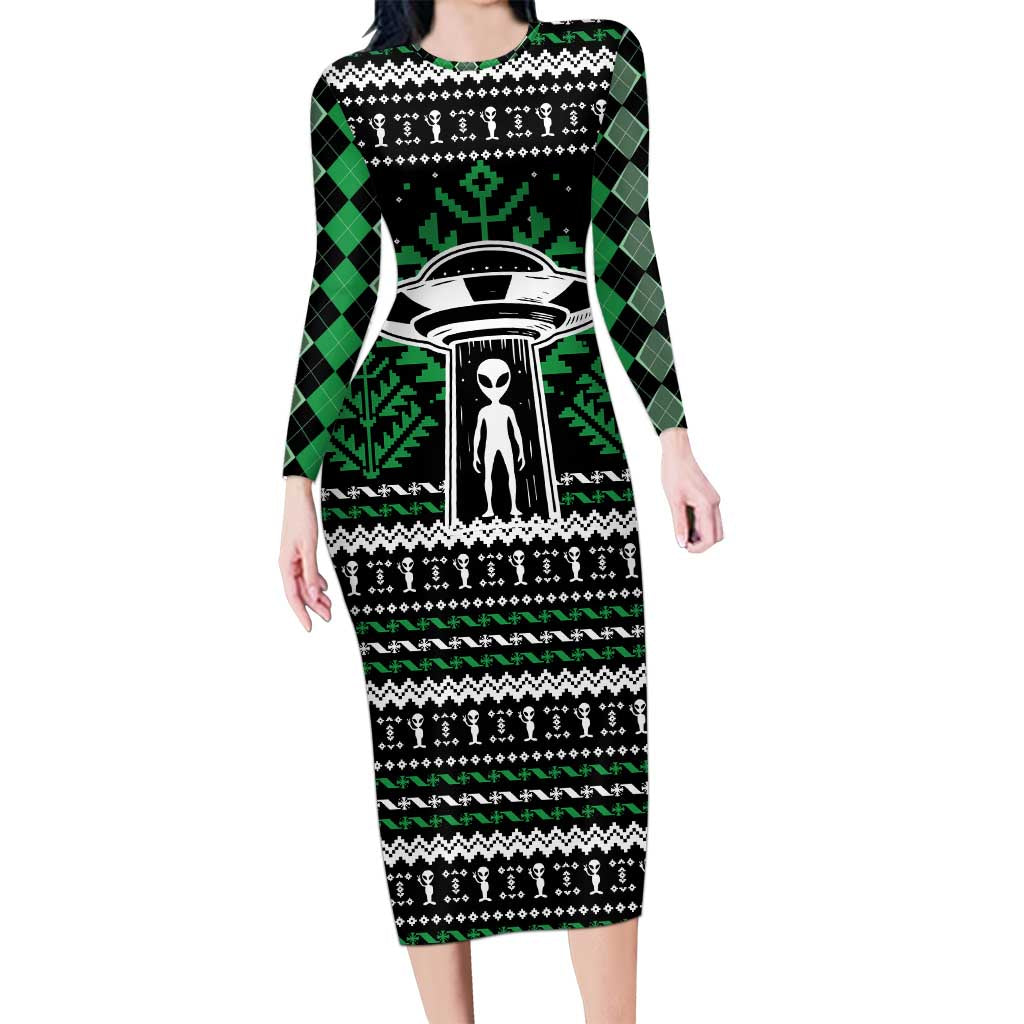 Alien Christmas Long Sleeve Bodycon Dress Xmas Holiday Patterns - Wonder Print Shop