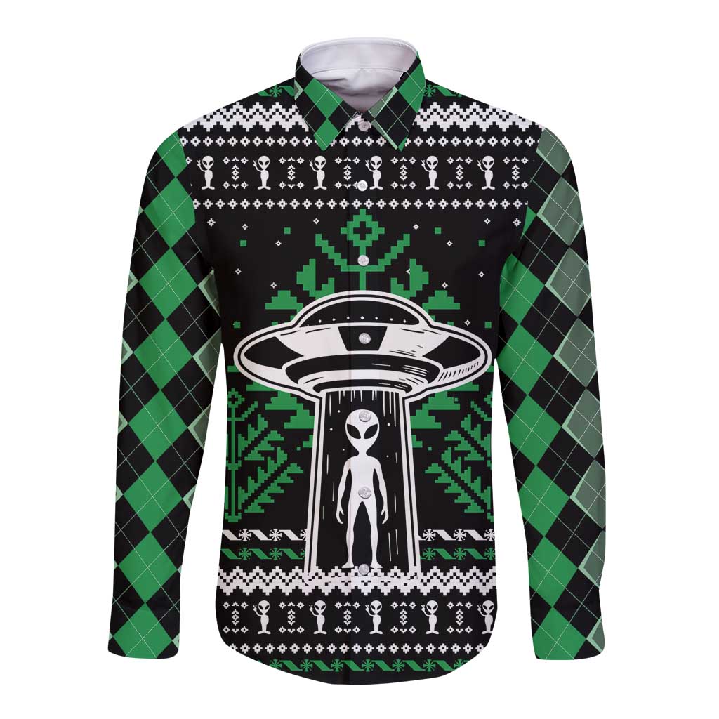 Alien Christmas Long Sleeve Button Shirt Xmas Holiday Patterns - Wonder Print Shop