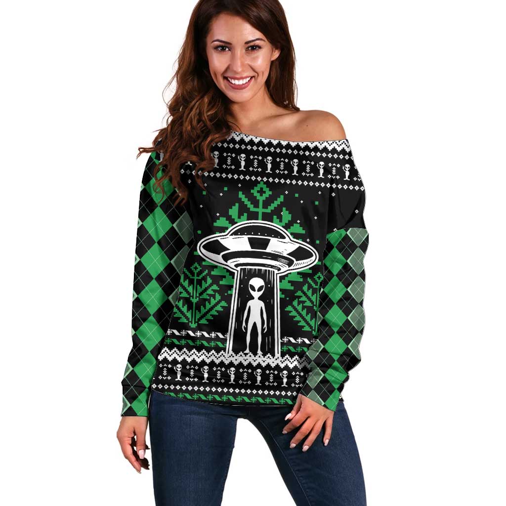 Alien Christmas Off Shoulder Sweater Xmas Holiday Patterns - Wonder Print Shop