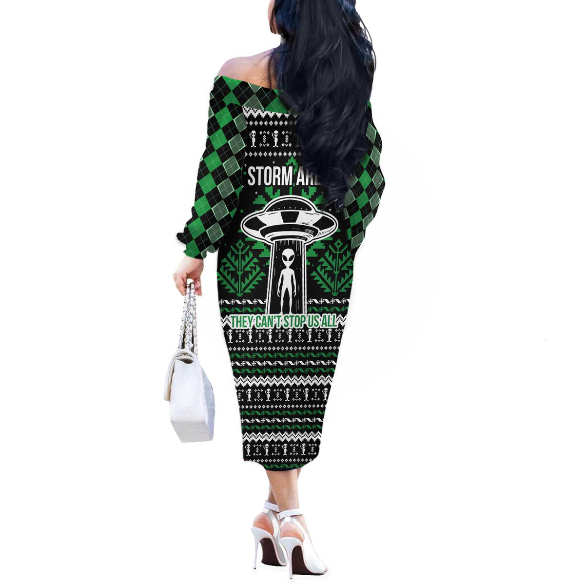 Alien Christmas Off The Shoulder Long Sleeve Dress Xmas Holiday Patterns - Wonder Print Shop