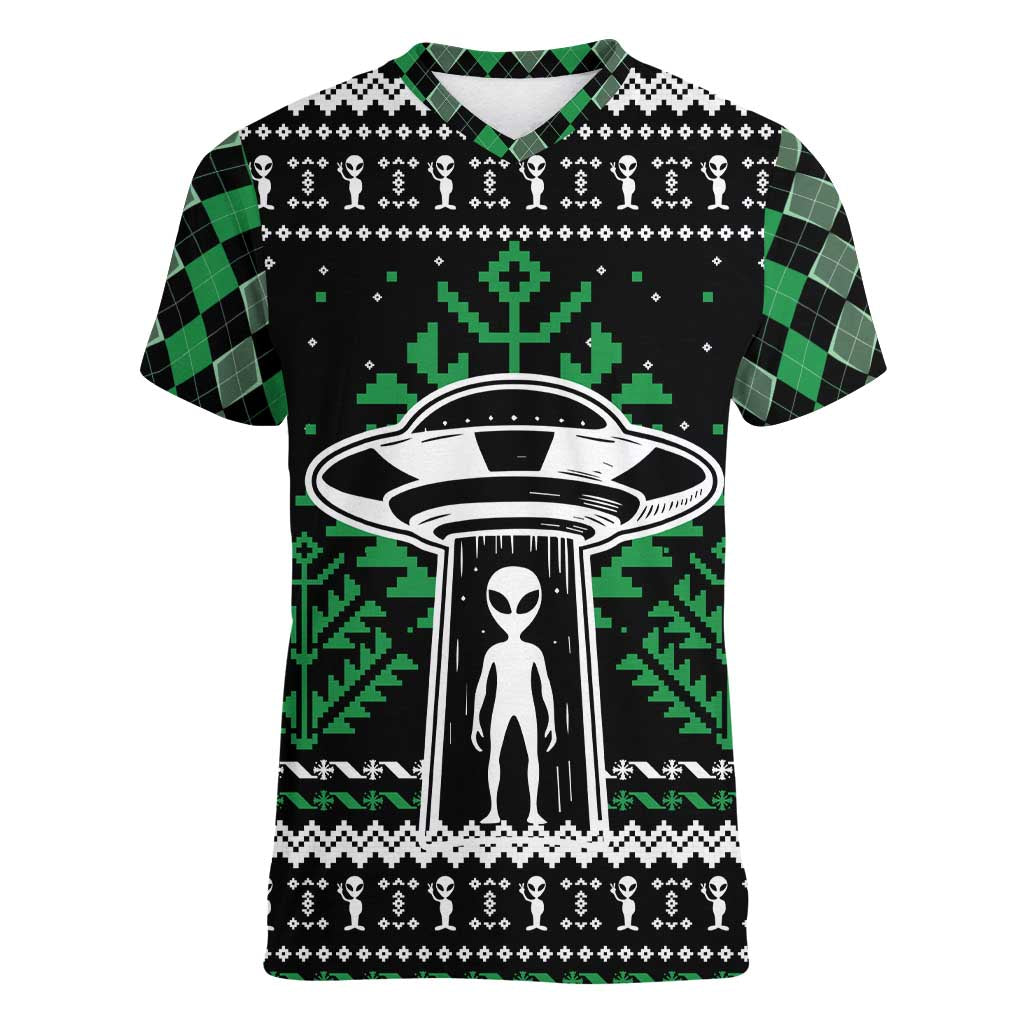 Alien Christmas Women V-Neck T-Shirt Xmas Holiday Patterns - Wonder Print Shop
