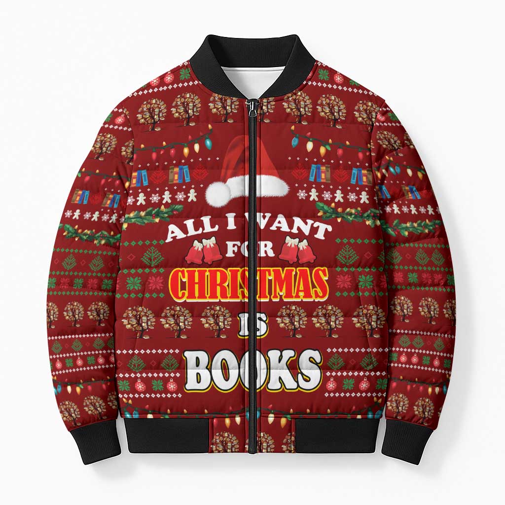 All I Want For Christmas Is Books Christmas Bomber Puffer Jacket Xmas Holiday Patterns - Wonder Print Shop