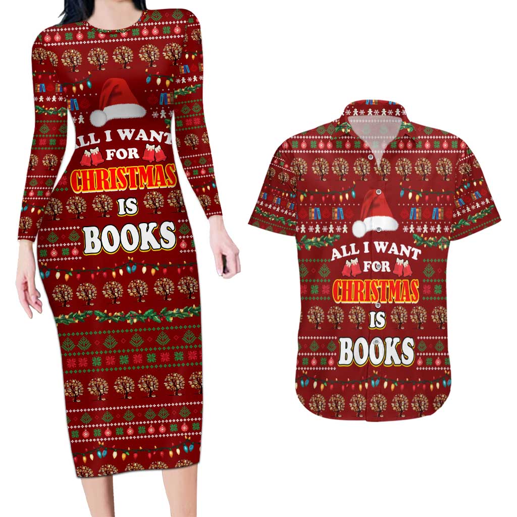 All I Want For Christmas Is Books Christmas Couples Matching Long Sleeve Bodycon Dress and Hawaiian Shirt Xmas Holiday Patterns - Wonder Print Shop