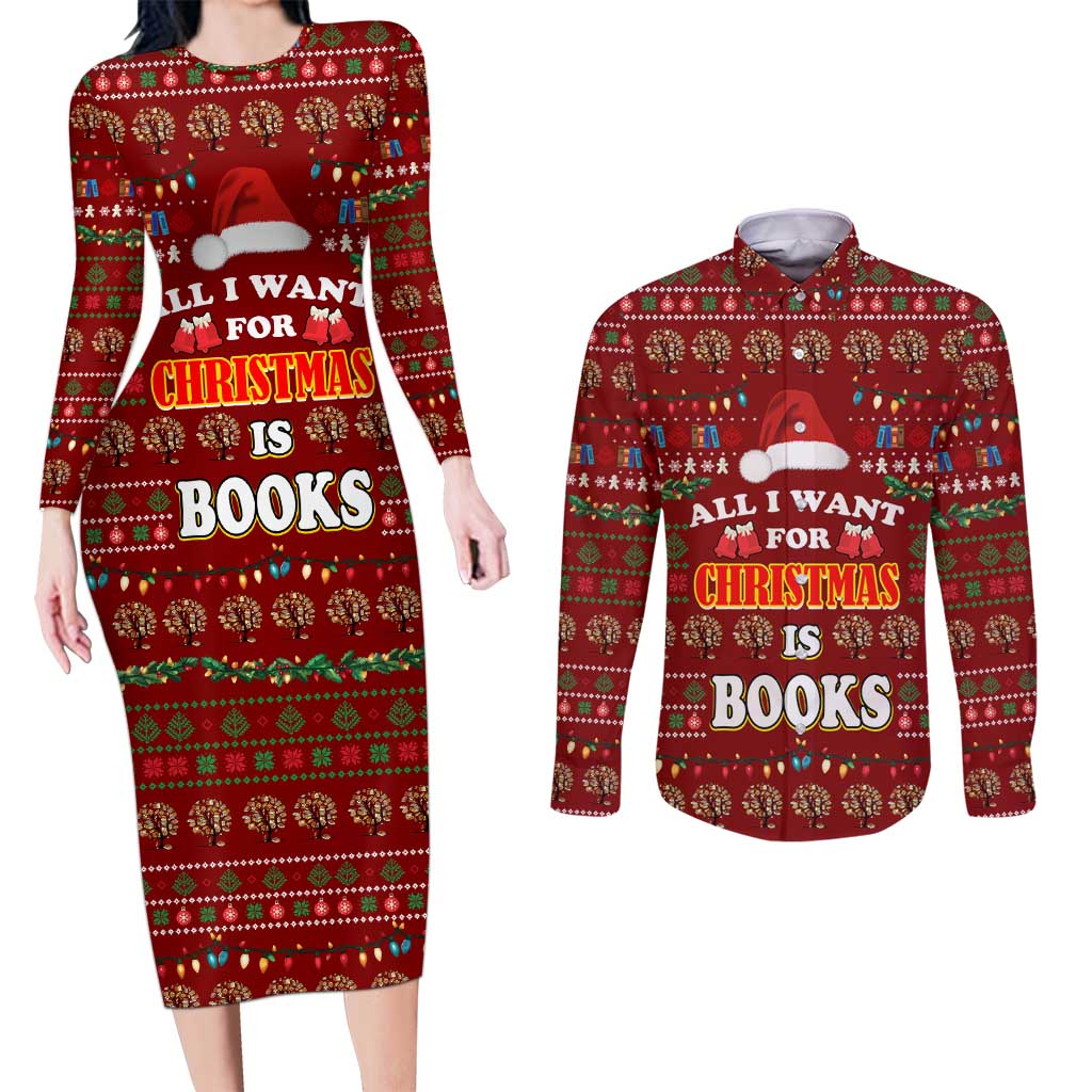 All I Want For Christmas Is Books Christmas Couples Matching Long Sleeve Bodycon Dress and Long Sleeve Button Shirt Xmas Holiday Patterns - Wonder Print Shop
