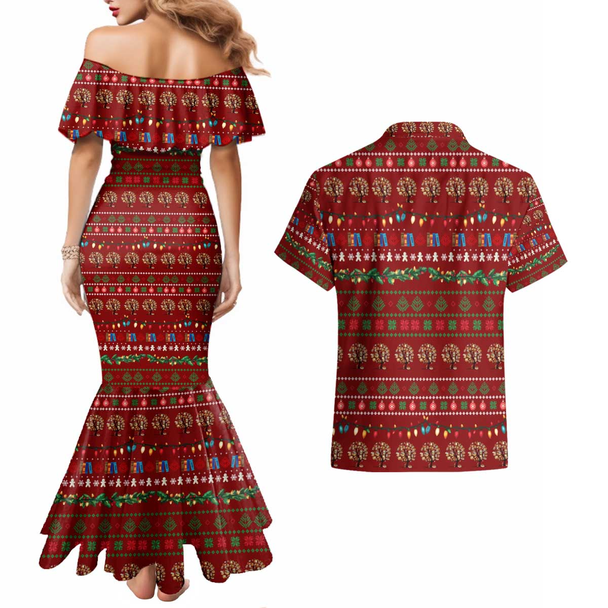 All I Want For Christmas Is Books Christmas Couples Matching Mermaid Dress and Hawaiian Shirt Xmas Holiday Patterns - Wonder Print Shop