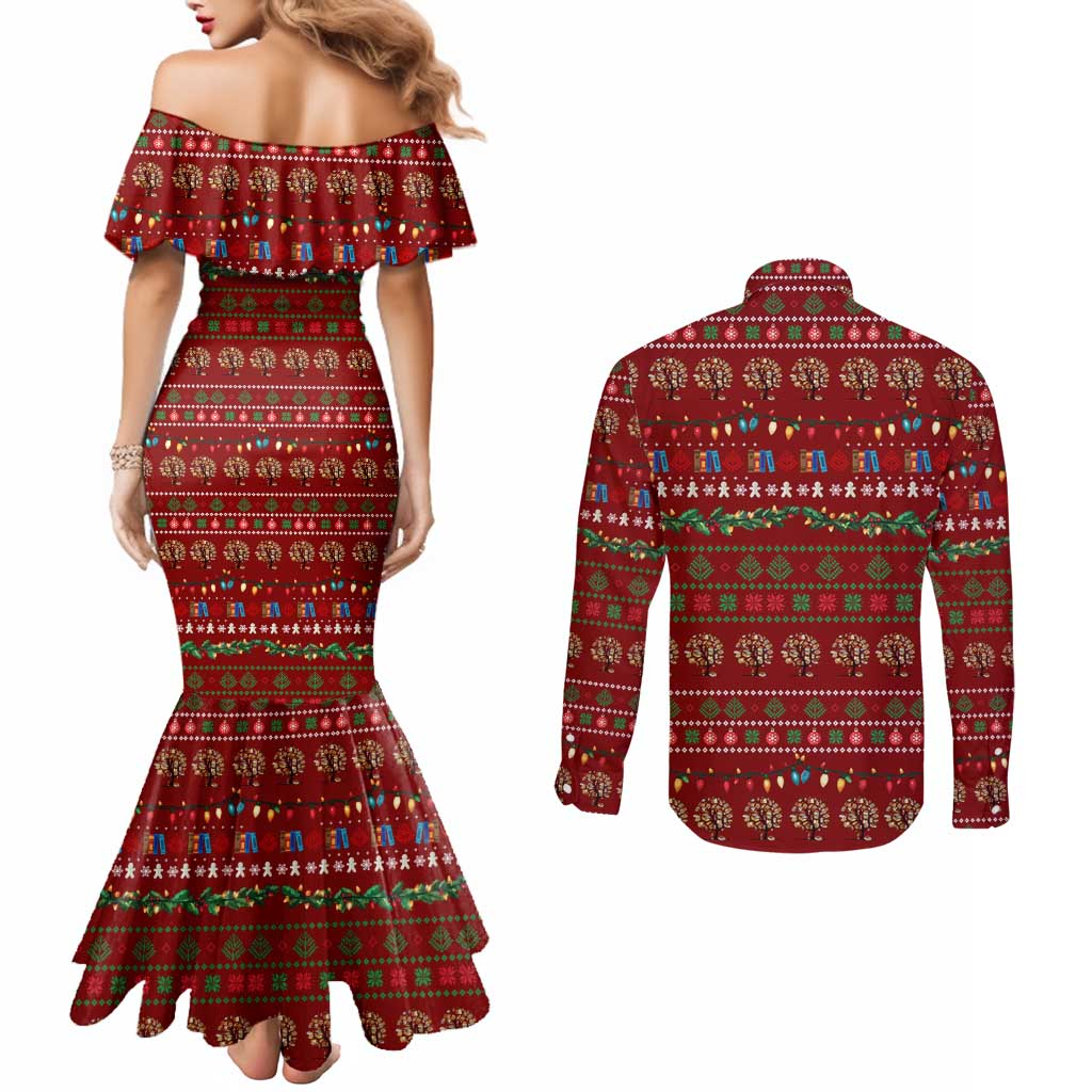 All I Want For Christmas Is Books Christmas Couples Matching Mermaid Dress and Long Sleeve Button Shirt Xmas Holiday Patterns - Wonder Print Shop
