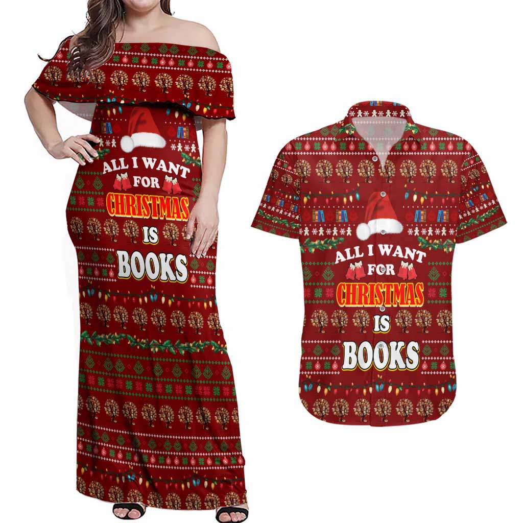 All I Want For Christmas Is Books Christmas Couples Matching Off Shoulder Maxi Dress and Hawaiian Shirt Xmas Holiday Patterns - Wonder Print Shop