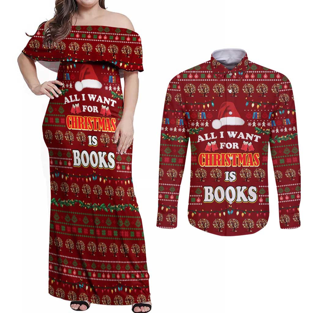 All I Want For Christmas Is Books Christmas Couples Matching Off Shoulder Maxi Dress and Long Sleeve Button Shirt Xmas Holiday Patterns - Wonder Print Shop