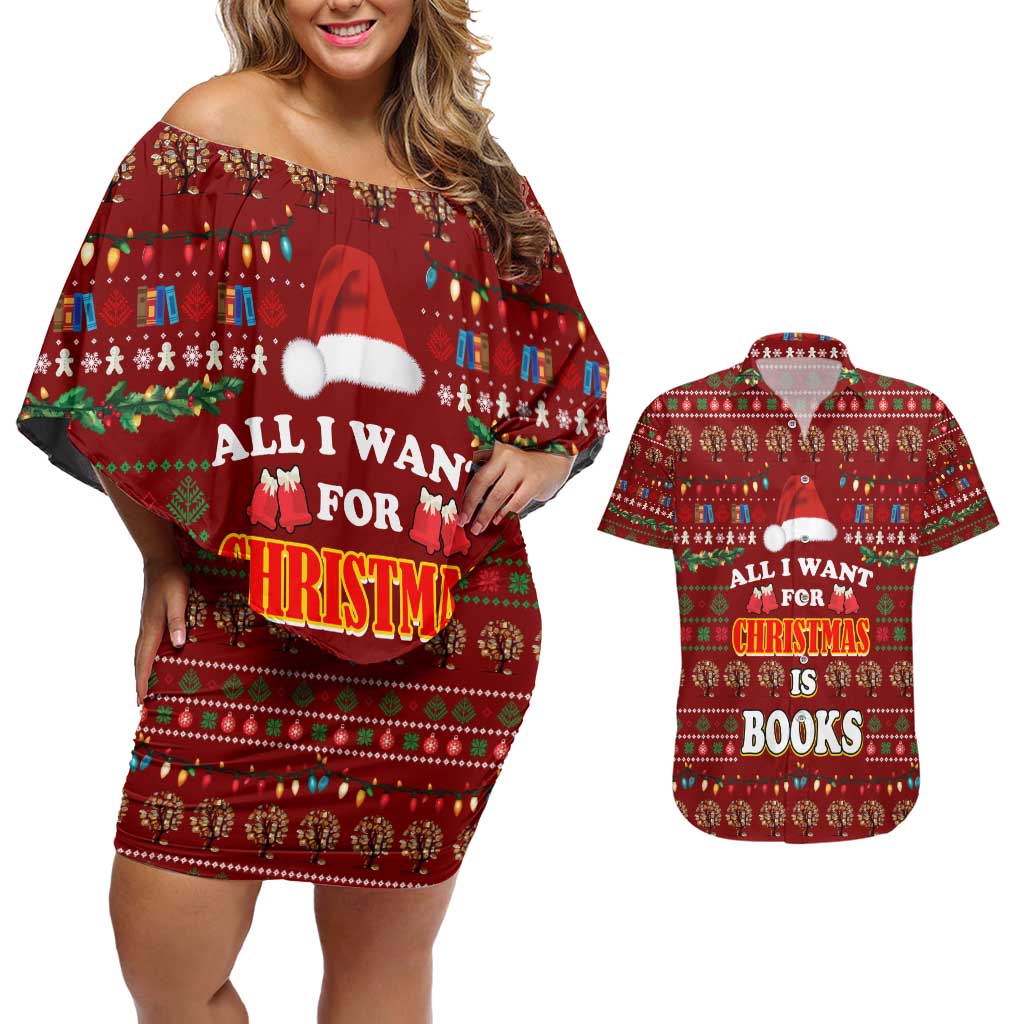 All I Want For Christmas Is Books Christmas Couples Matching Off Shoulder Short Dress and Hawaiian Shirt Xmas Holiday Patterns - Wonder Print Shop