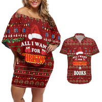 All I Want For Christmas Is Books Christmas Couples Matching Off Shoulder Short Dress and Hawaiian Shirt Xmas Holiday Patterns - Wonder Print Shop