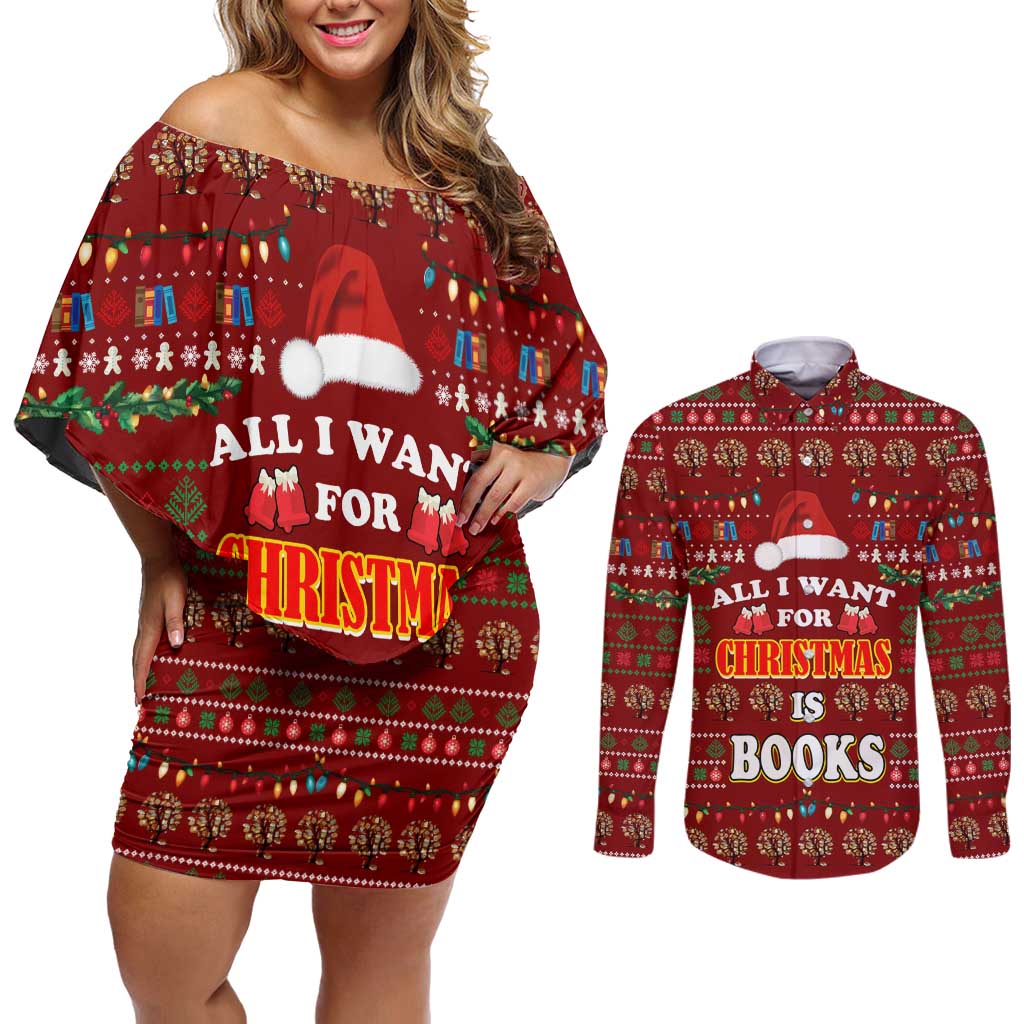 All I Want For Christmas Is Books Christmas Couples Matching Off Shoulder Short Dress and Long Sleeve Button Shirt Xmas Holiday Patterns - Wonder Print Shop