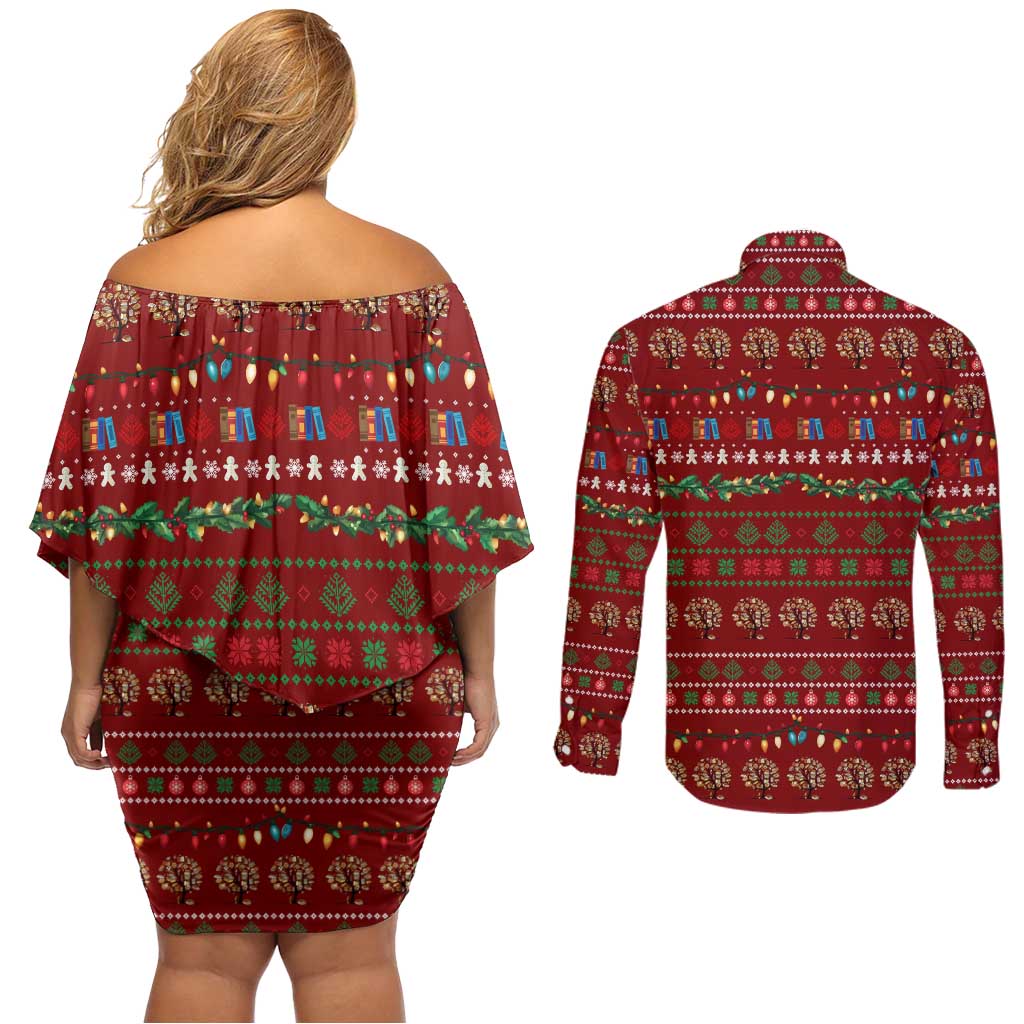 All I Want For Christmas Is Books Christmas Couples Matching Off Shoulder Short Dress and Long Sleeve Button Shirt Xmas Holiday Patterns - Wonder Print Shop