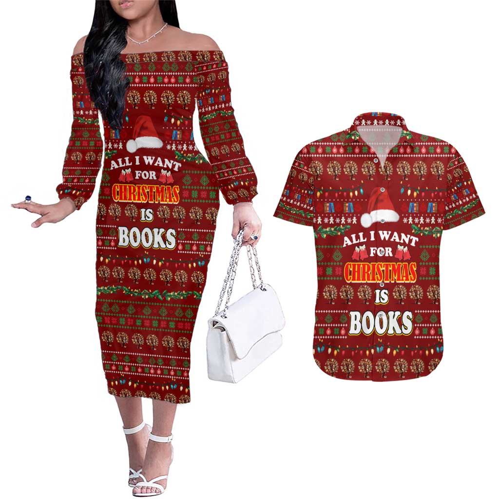 All I Want For Christmas Is Books Christmas Couples Matching Off The Shoulder Long Sleeve Dress and Hawaiian Shirt Xmas Holiday Patterns - Wonder Print Shop