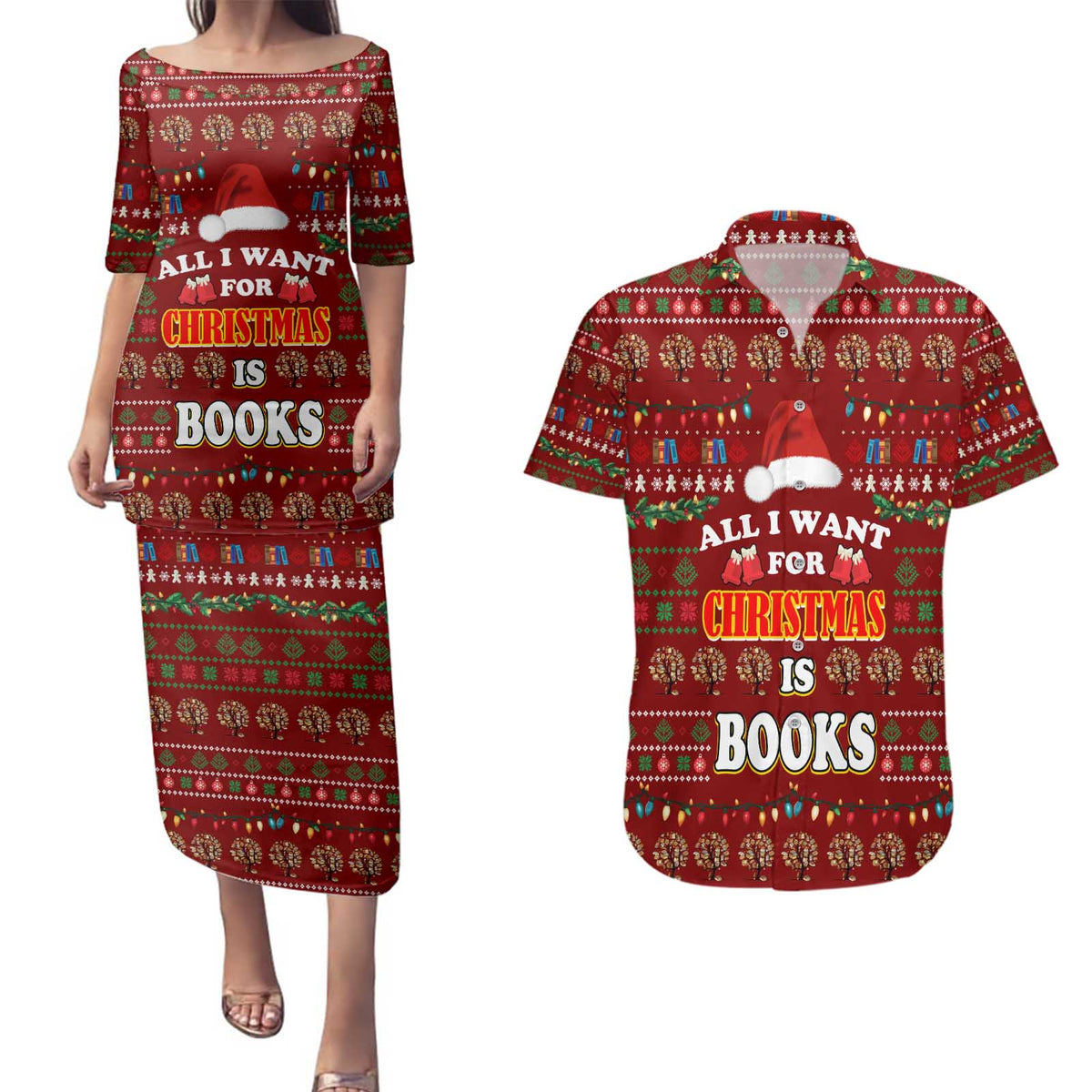 All I Want For Christmas Is Books Christmas Couples Matching Puletasi and Hawaiian Shirt Xmas Holiday Patterns - Wonder Print Shop