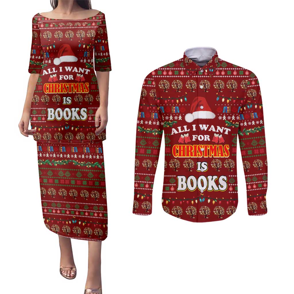 All I Want For Christmas Is Books Christmas Couples Matching Puletasi and Long Sleeve Button Shirt Xmas Holiday Patterns - Wonder Print Shop
