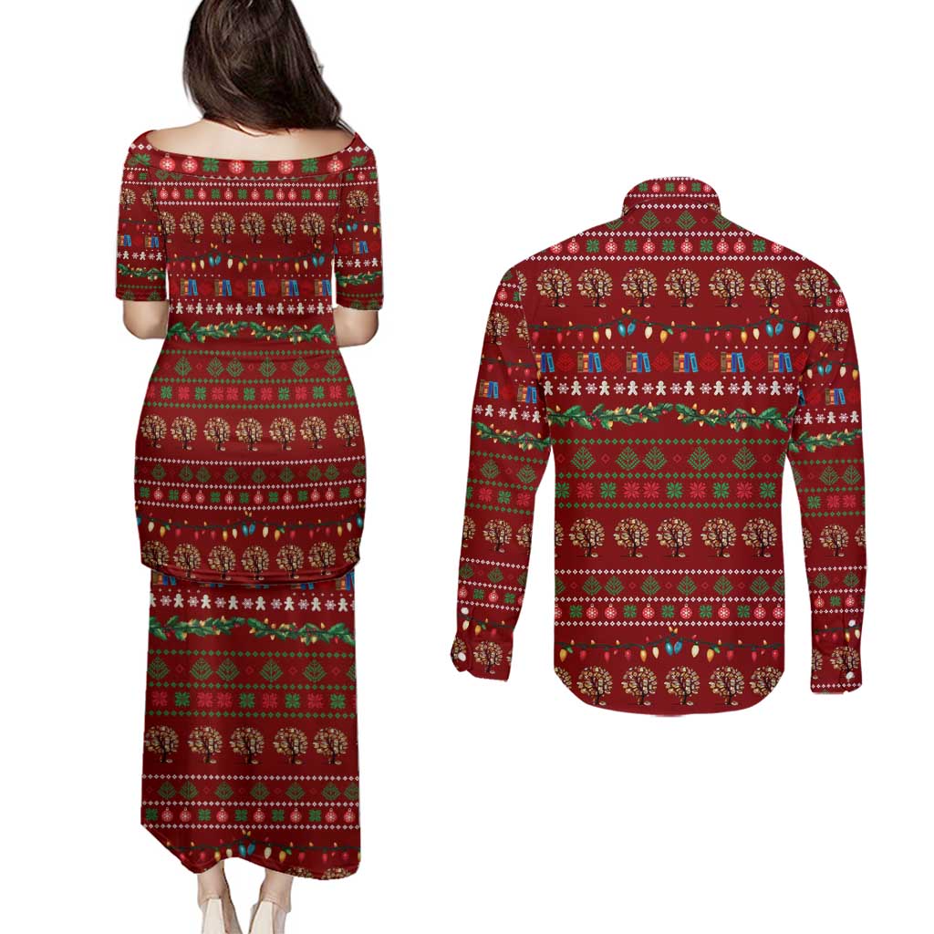 All I Want For Christmas Is Books Christmas Couples Matching Puletasi and Long Sleeve Button Shirt Xmas Holiday Patterns - Wonder Print Shop