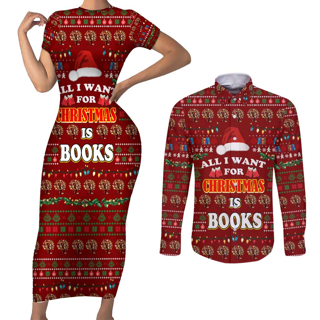 All I Want For Christmas Is Books Christmas Couples Matching Short Sleeve Bodycon Dress and Long Sleeve Button Shirt Xmas Holiday Patterns - Wonder Print Shop