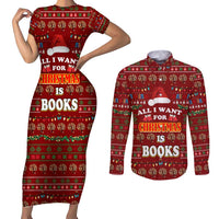 All I Want For Christmas Is Books Christmas Couples Matching Short Sleeve Bodycon Dress and Long Sleeve Button Shirt Xmas Holiday Patterns - Wonder Print Shop