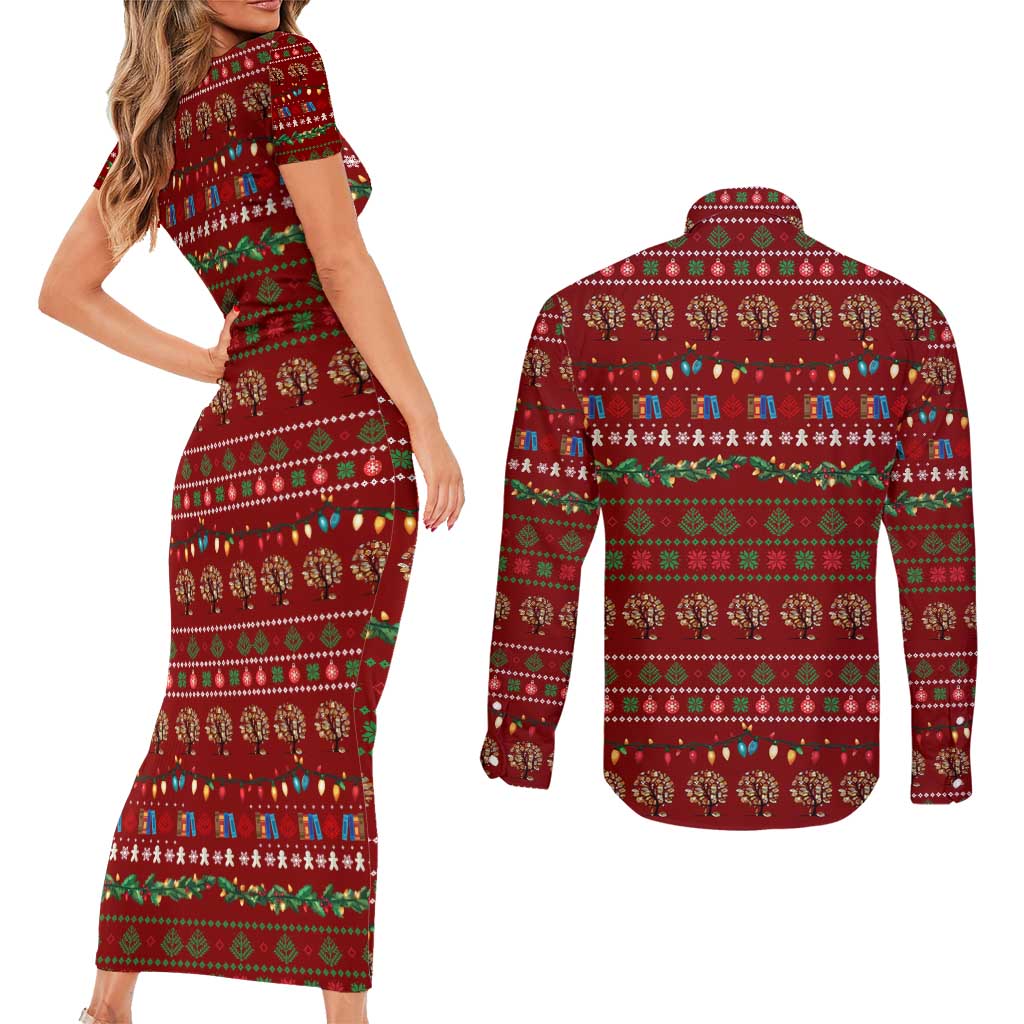 All I Want For Christmas Is Books Christmas Couples Matching Short Sleeve Bodycon Dress and Long Sleeve Button Shirt Xmas Holiday Patterns - Wonder Print Shop