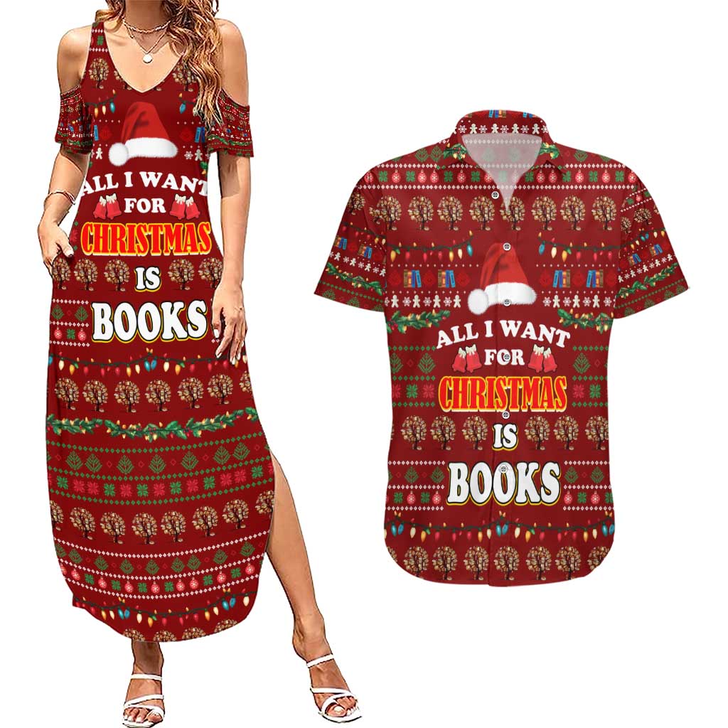 All I Want For Christmas Is Books Christmas Couples Matching Summer Maxi Dress and Hawaiian Shirt Xmas Holiday Patterns - Wonder Print Shop